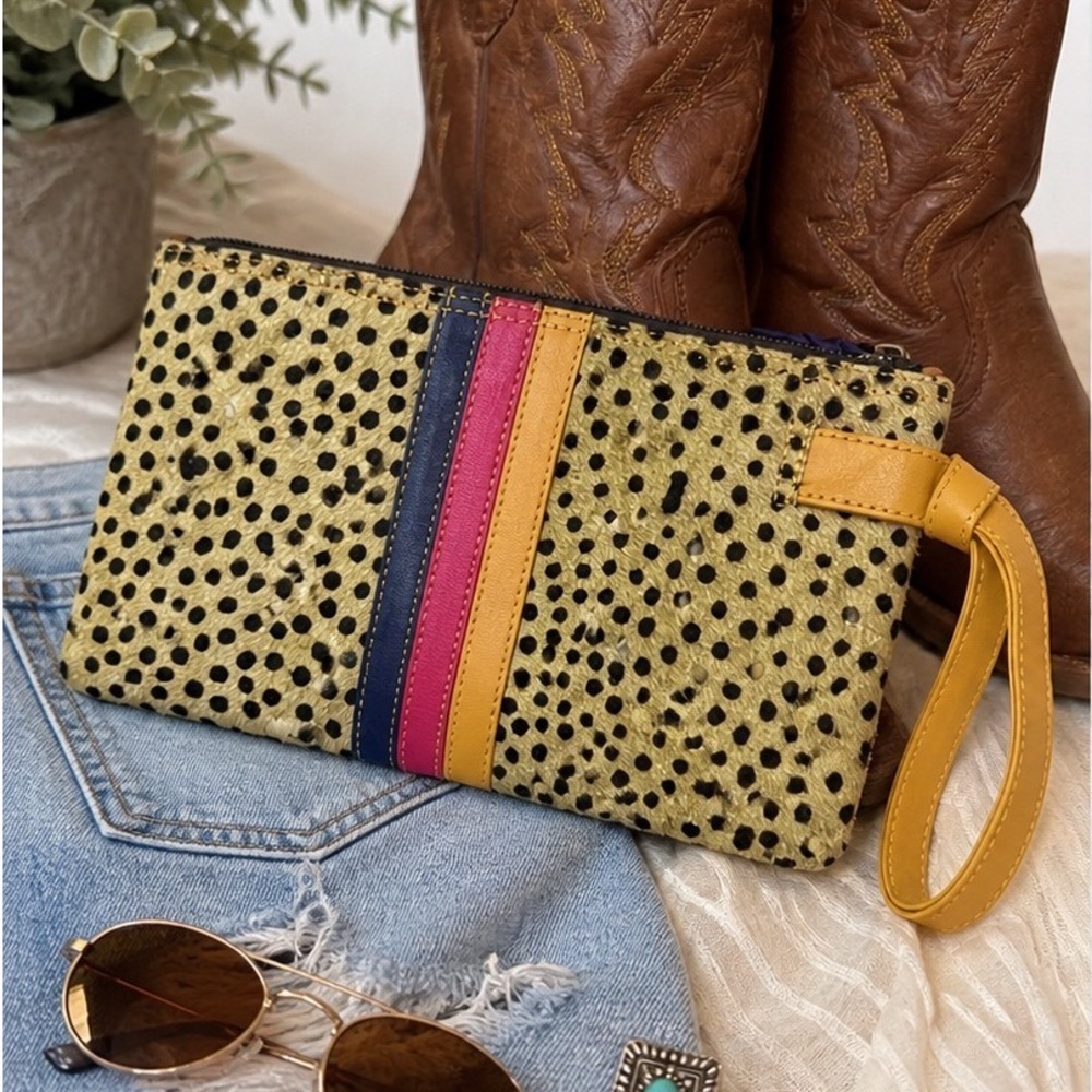 Boho Cheetah Print Hair-On Hide Wristlet Clutch Leather Stripe